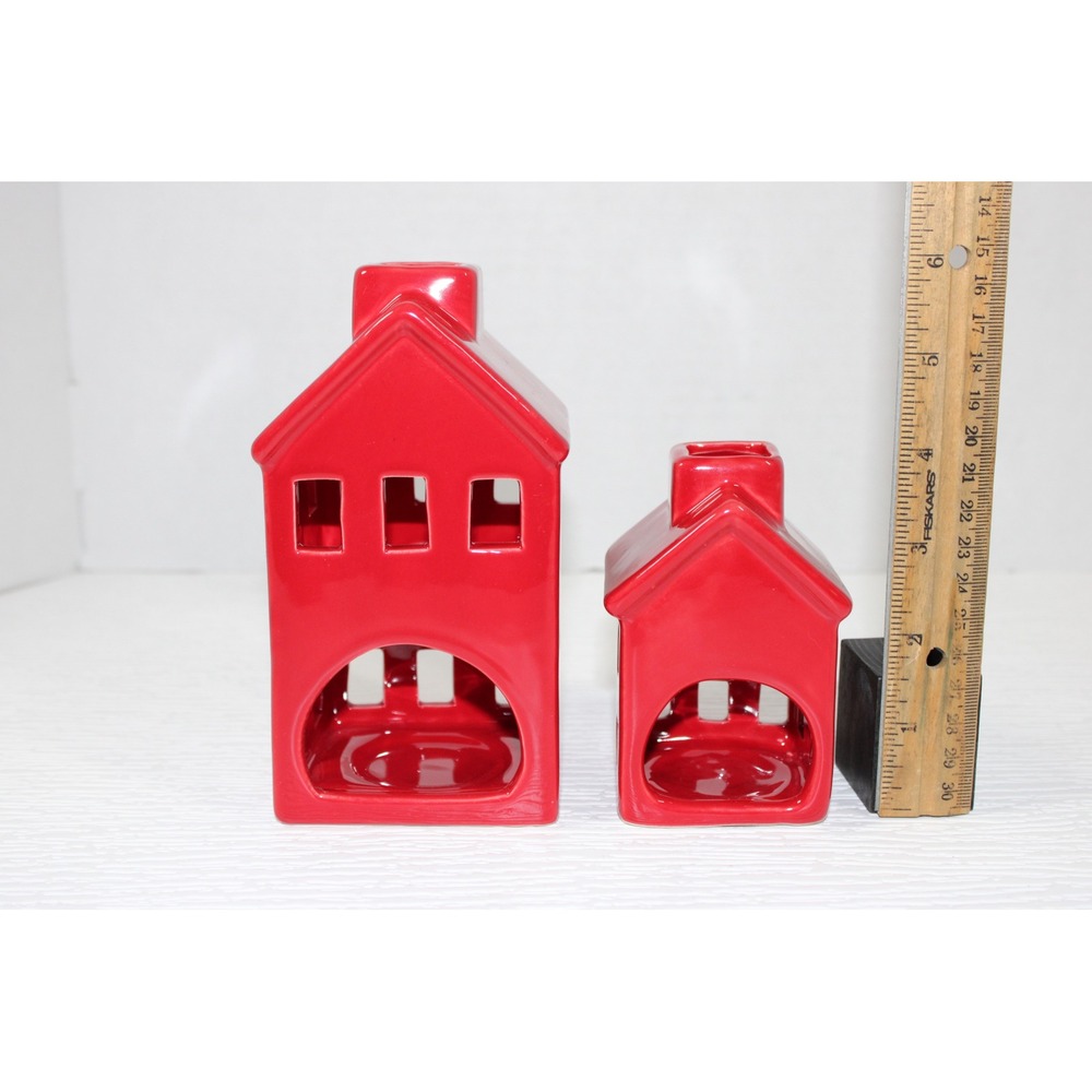 Red Ceramic House Tea Light Candle Set of 2 Heart Window Christmas Decor S0200